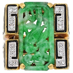 Vintage David Webb Black Enamel and Carved Green Jade Ring in 18K Gold