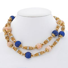 Vintage Tiffany & Co. Jean Schlumberger One Long Strand Lapis Coral And Diamond Necklace