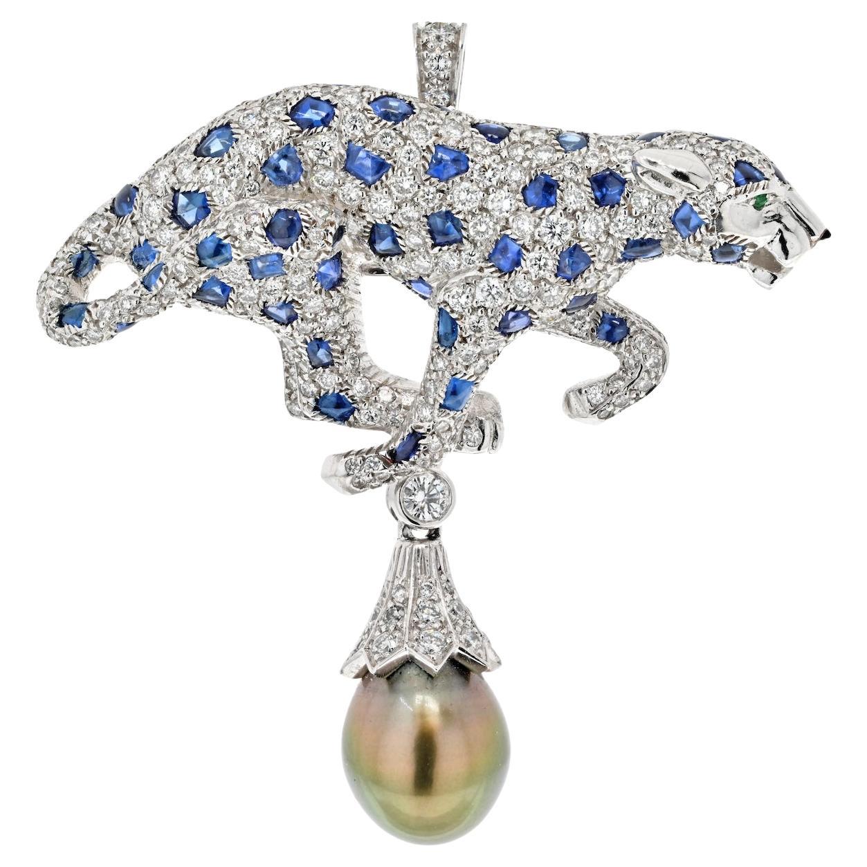 Cartier Tahitian Grey Pearl, Sapphire and Diamond Panthere Pendant/Clip Brooch For Sale