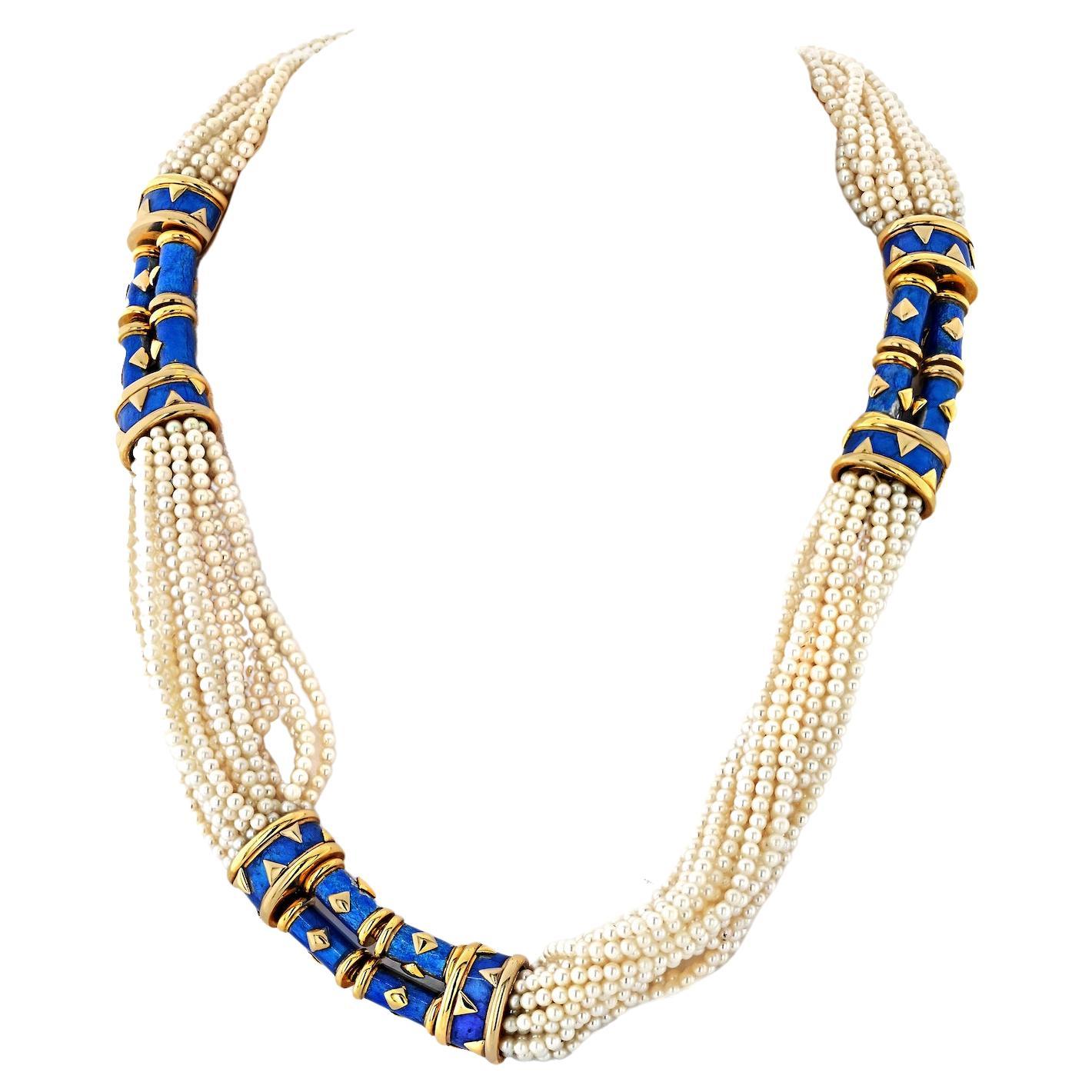 Tiffany, Schlumberger Mehrreihiges Collier aus Perlen, Gold und blauem Paillonné im Angebot