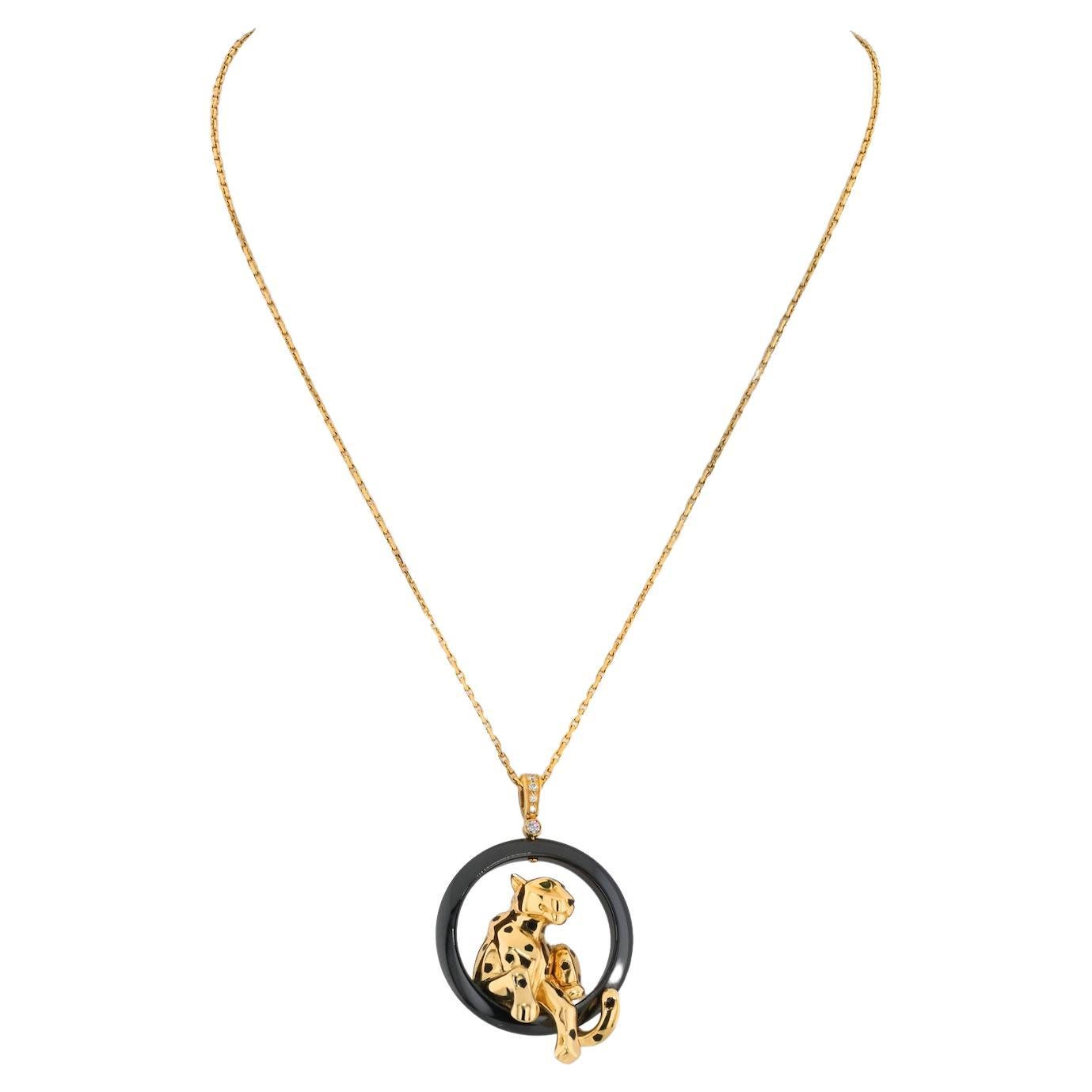 Cartier 18K Yellow Gold Panthere On A Black Ceramic Chain Necklace For Sale