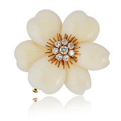 Van Cleef & Arpels Rose de Noël White Coral 18K Yellow Gold Brooch