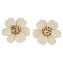Van Cleef & Arpels Diamond White Coral Yellow Gold Rose De Noël Earrings