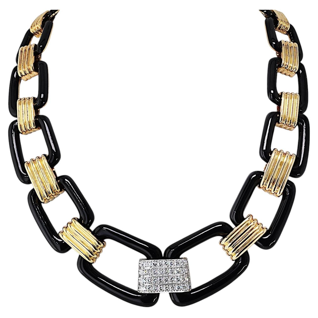 David Webb Halskette aus 18 Karat Gelbgold mit schwarzen Emaille-Links