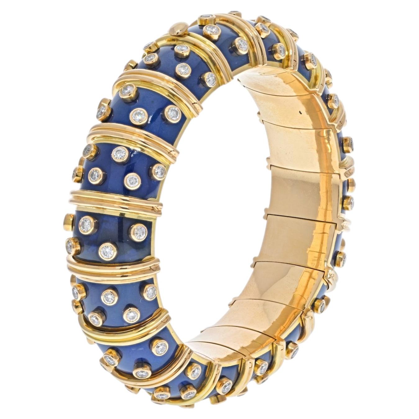 Tiffany & Co. Schlumberger 18K Yellow Gold Deep Blue Enamel Bracelet