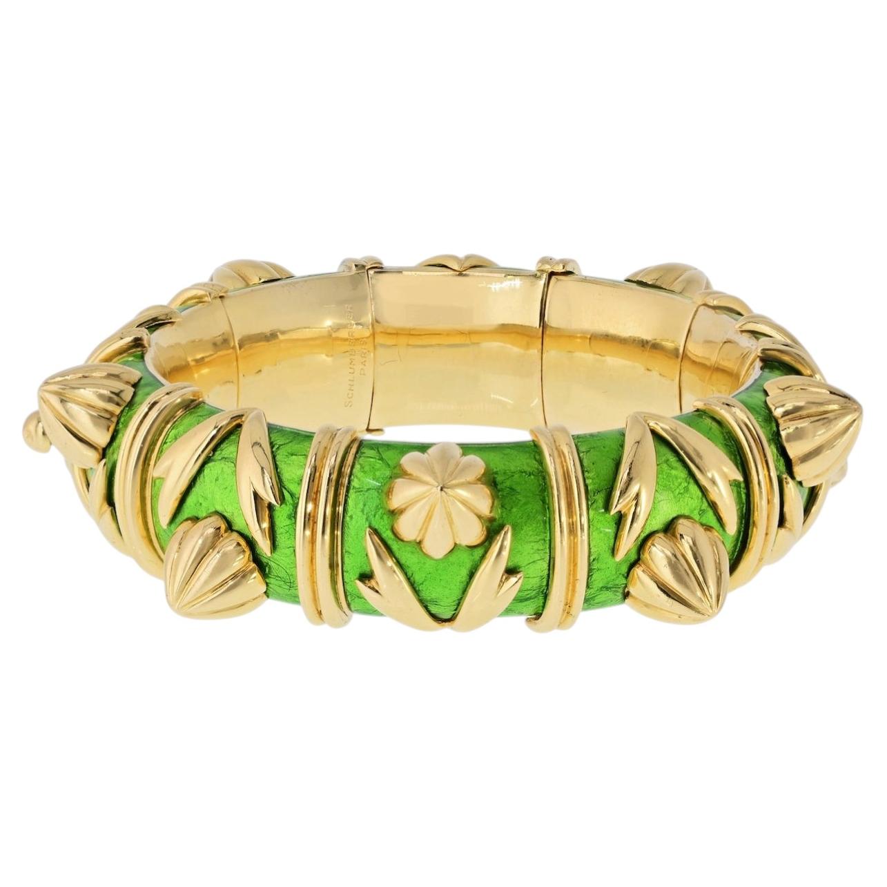Schlumberger 18K Gold Paillonne Green Enamel Cones Bracelet