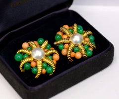 Tiffany & Co. 18K Yellow Gold Cultured Pearl, Coral and Chrysoprase Earrings