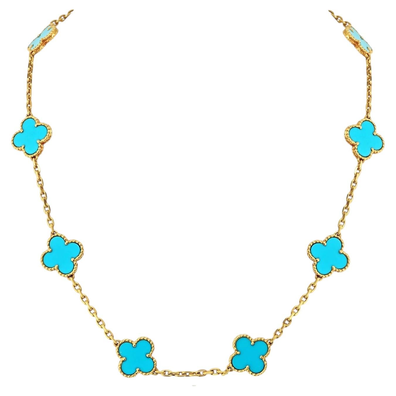 Van Cleef & Arpels Vintage 18k Yellow Gold Turquoise Alhambra 10 Motif Necklace