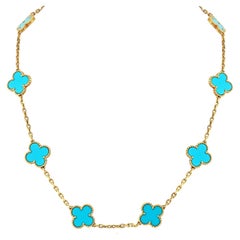 Van Cleef & Arpels Vintage 18k Yellow Gold Turquoise Alhambra 10 Motif Necklace