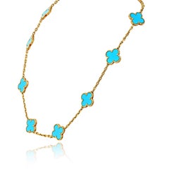 Van Cleef & Arpels Vintage 18k Yellow Gold Turquoise Alhambra 10 Motif Necklace