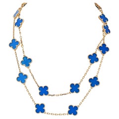 Van Cleef & Arpels Vintage 18k Yellow Gold Blue Agate Alhambra 20 Motif Necklace