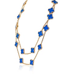 Van Cleef & Arpels Vintage 18k Yellow Gold Blue Agate Alhambra 20 Motif Necklace