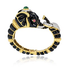 David Webb Platinum & 18k Yellow Gold Black Enamel Elephant Bracelet