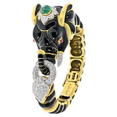 David Webb Platinum & 18k Yellow Gold Black Enamel Elephant Bracelet