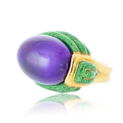 David Webb 18K Yellow Gold Amethyst, Green Enamel Statement Cocktail Ring