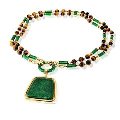 David Webb 18K Yellow Gold Tiger Eye Green Enamel Long Sautoir Necklace