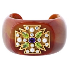 Verdura 18K Yellow Gold Brown Agate Maltese Cross Bracelet