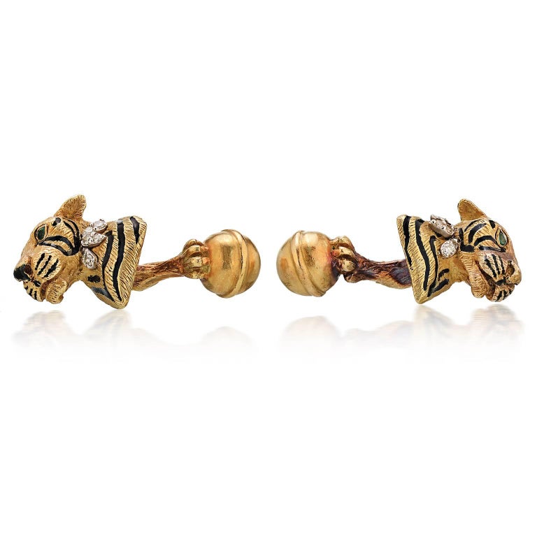 Tiffany and Co. Diamond, Enamel Gold Tiger Cufflinks at 1stDibs
