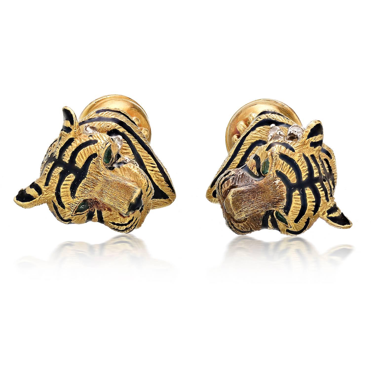 Tiffany & Co. Diamond, Enamel Gold Tiger Cufflinks In Excellent Condition In New York, NY