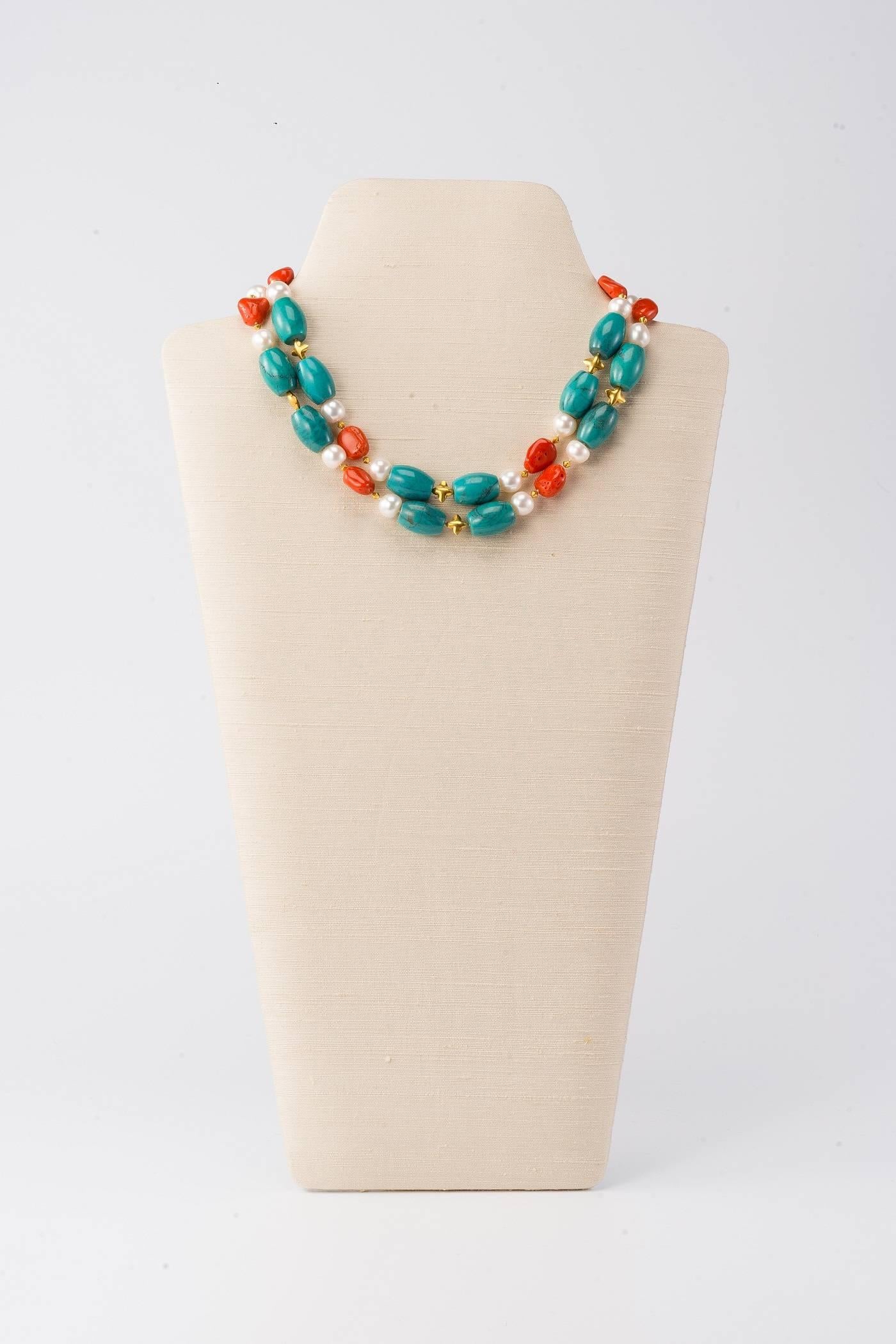 Contemporary Necklace with Turquoise, Coral Pebbles, Freshwater Pearls & 18K Gold 