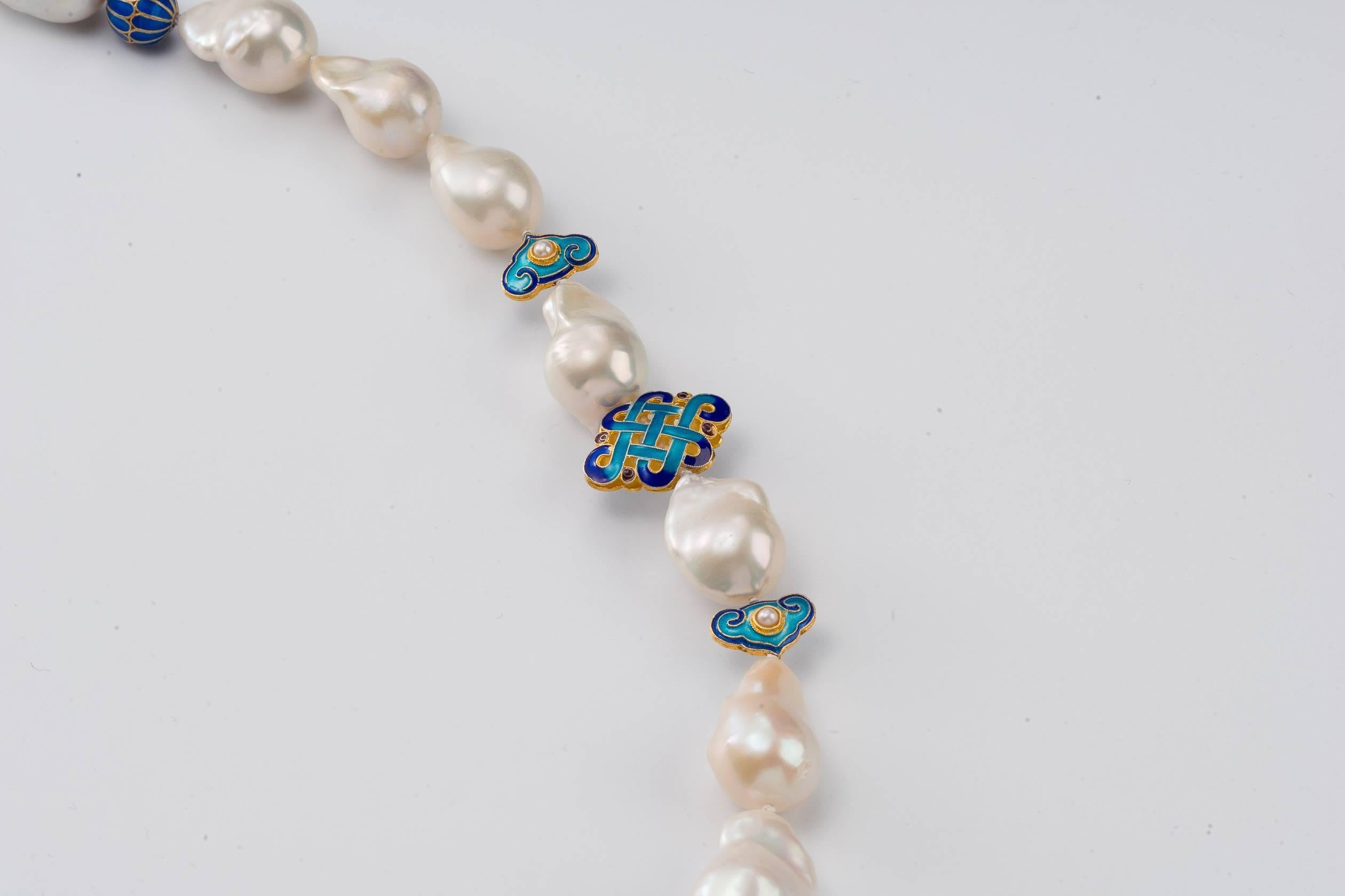 Contemporary Long Chinoiserie Necklace, Baroque Freshwater Pearls, Cloisonné & Vermeil Beads