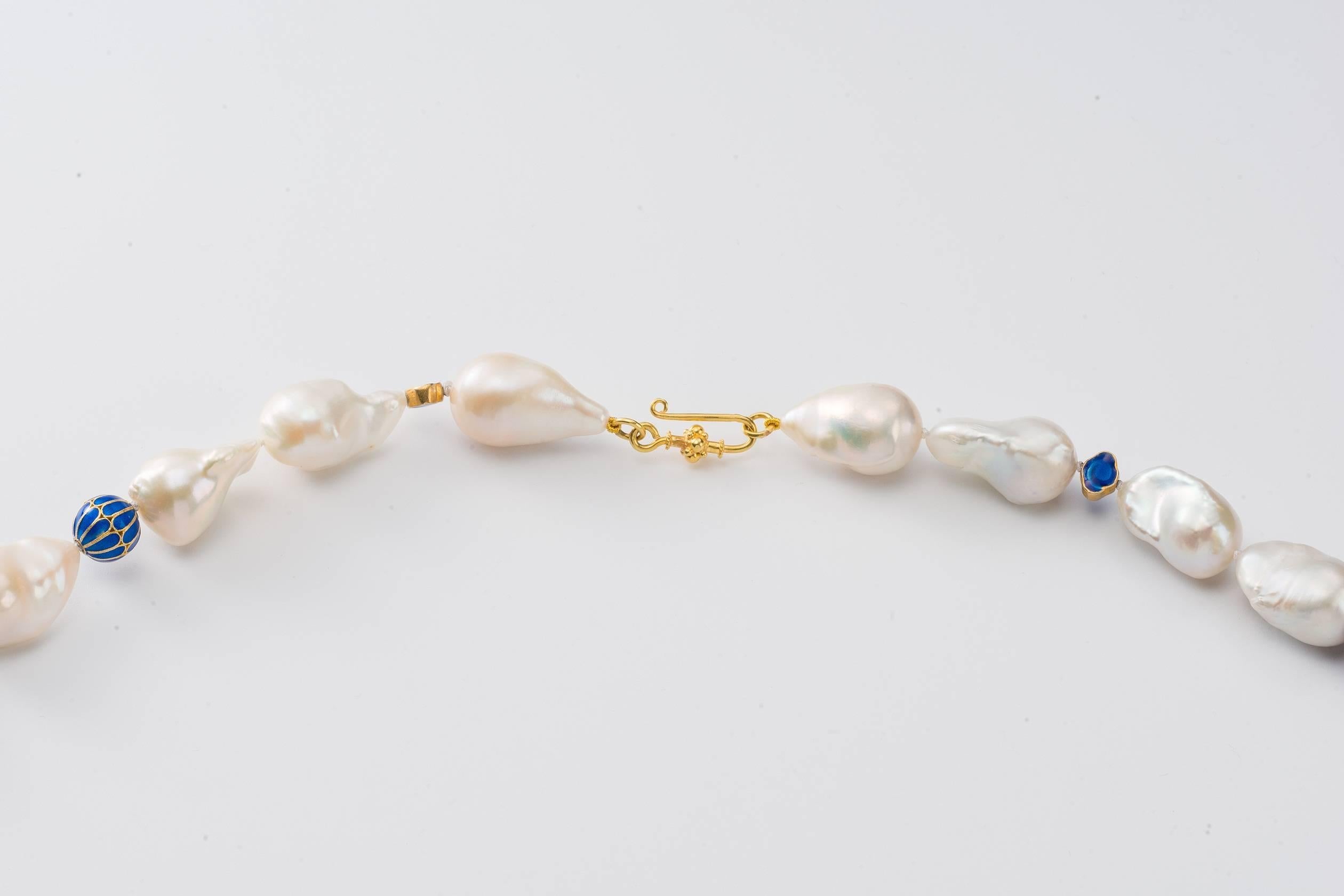 Long Chinoiserie Necklace, Baroque Freshwater Pearls, Cloisonné & Vermeil Beads In New Condition In Central, HK