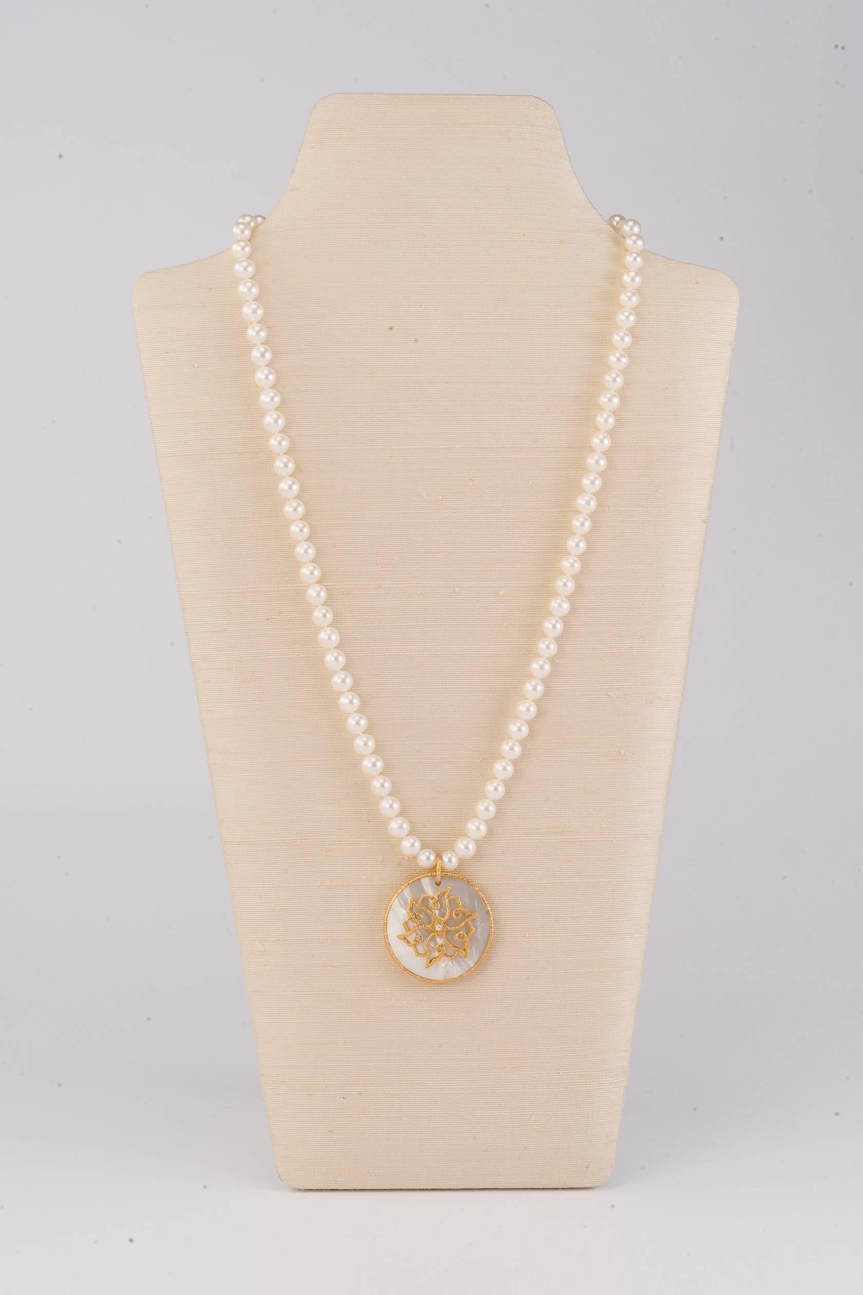 Contemporary Pearl Necklace, Hand-Hammered 18K Gold, Diamond & MOP Chinoiserie Lotus Pendant
