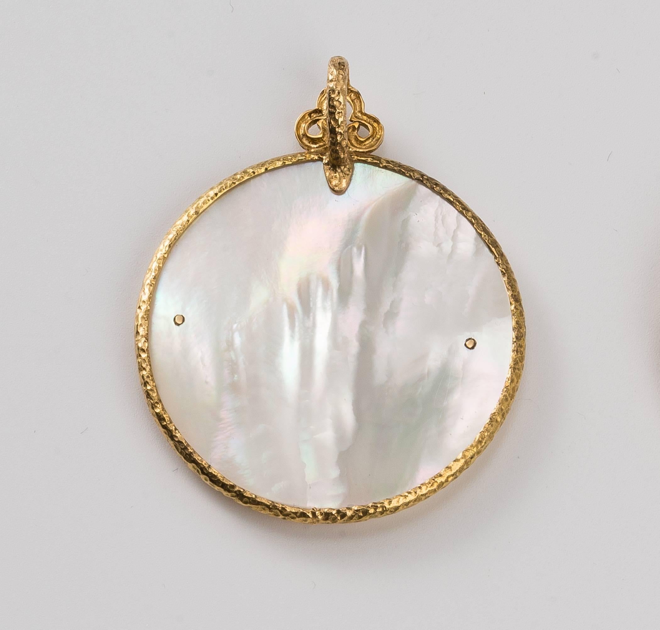 Contemporary Chinoiserie Pendant, Hand-Hammered 18 Karat Gold, Diamonds and Mother-of-Pearl For Sale