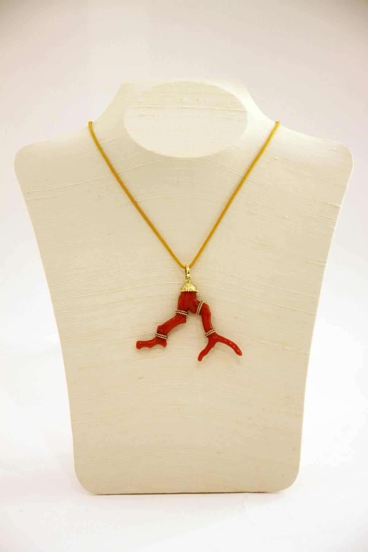 Contemporary Sardinian Branch Coral Pendant Handcrafted with Hand-Hammered 18 Karat Gold