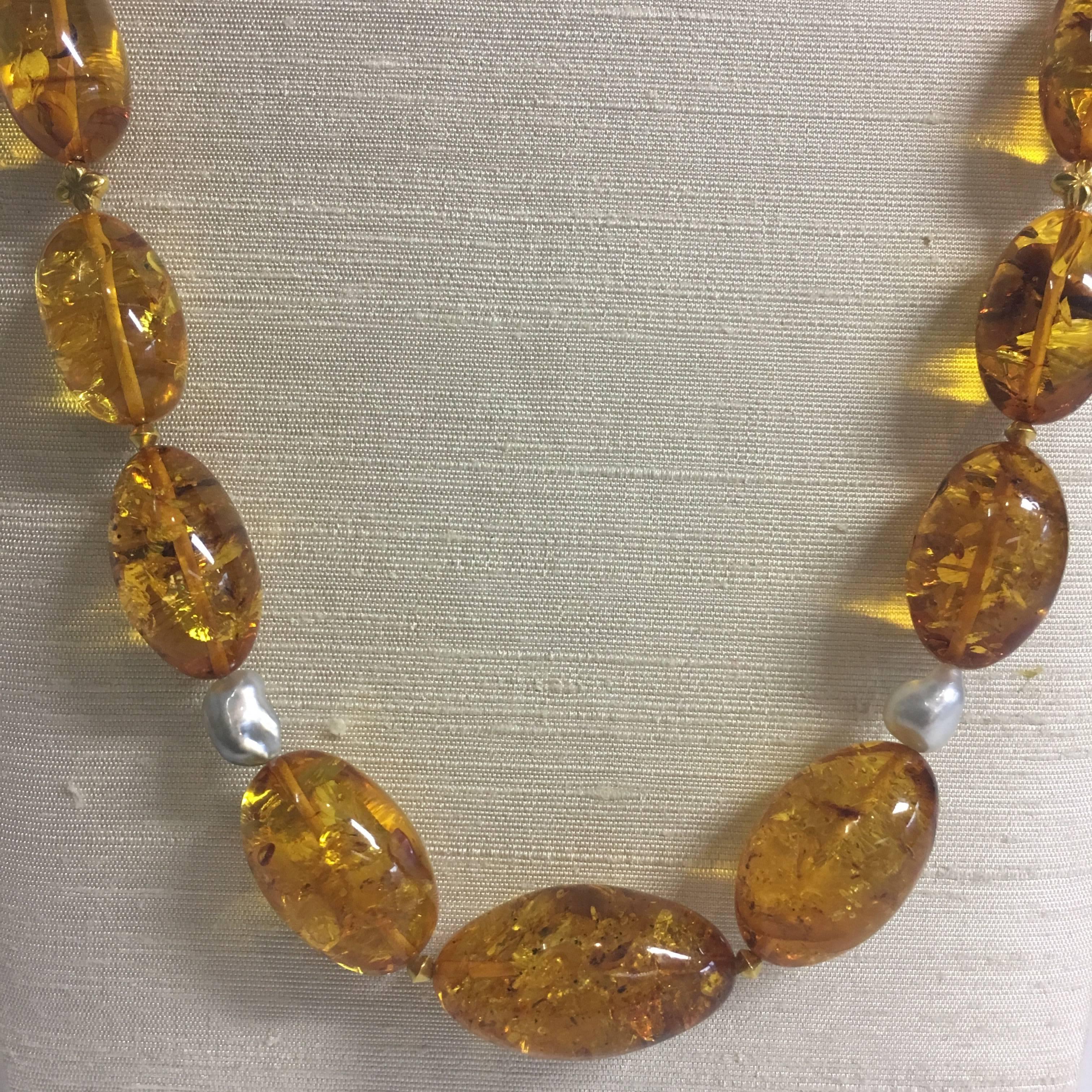 Contemporary Baltic Amber Necklace with Baroque South Sea Pearls, 18 Karat Gold