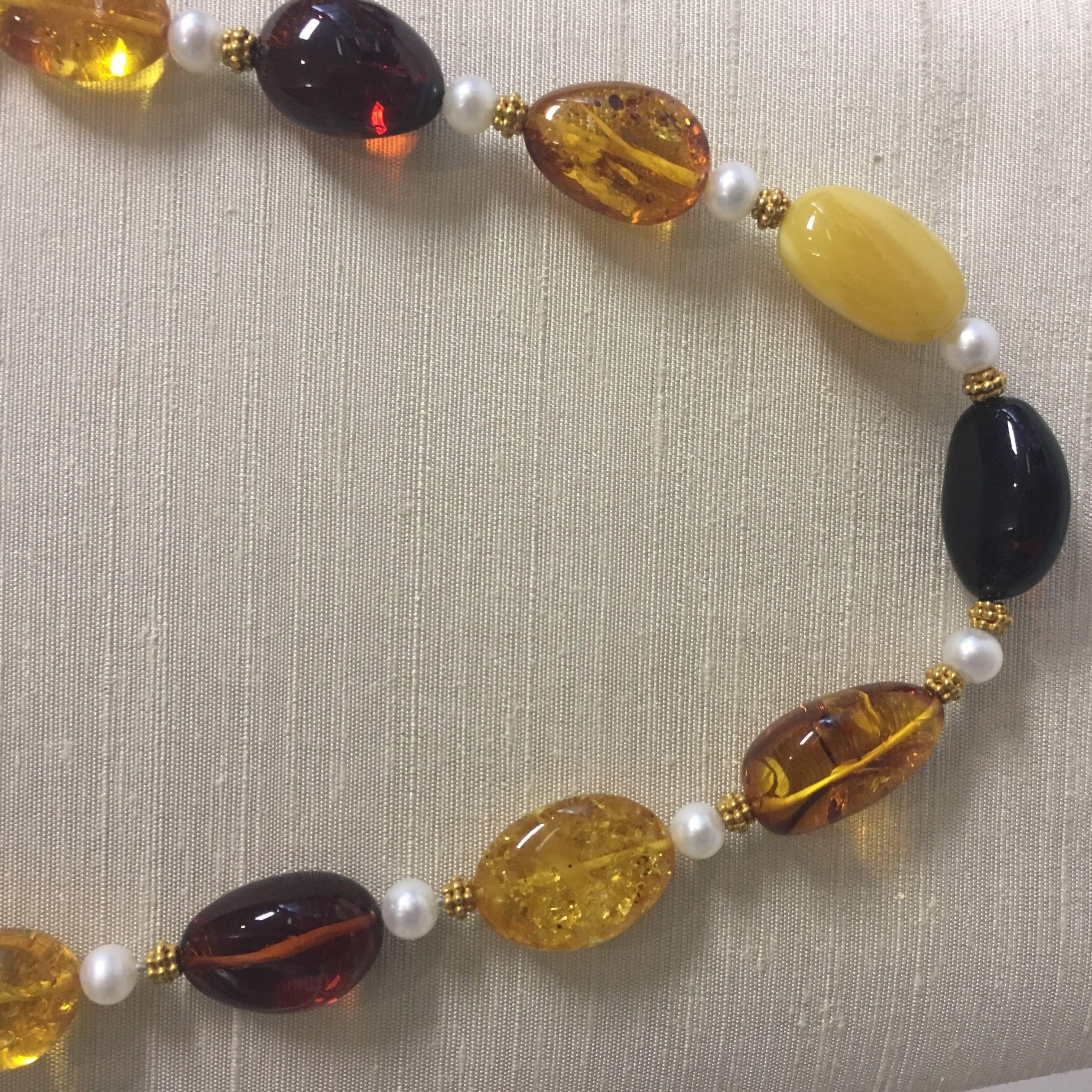 Contemporary Baltic Amber Necklace with 18K Granulated Gold Beads & Clasp, Freshwater Pearls