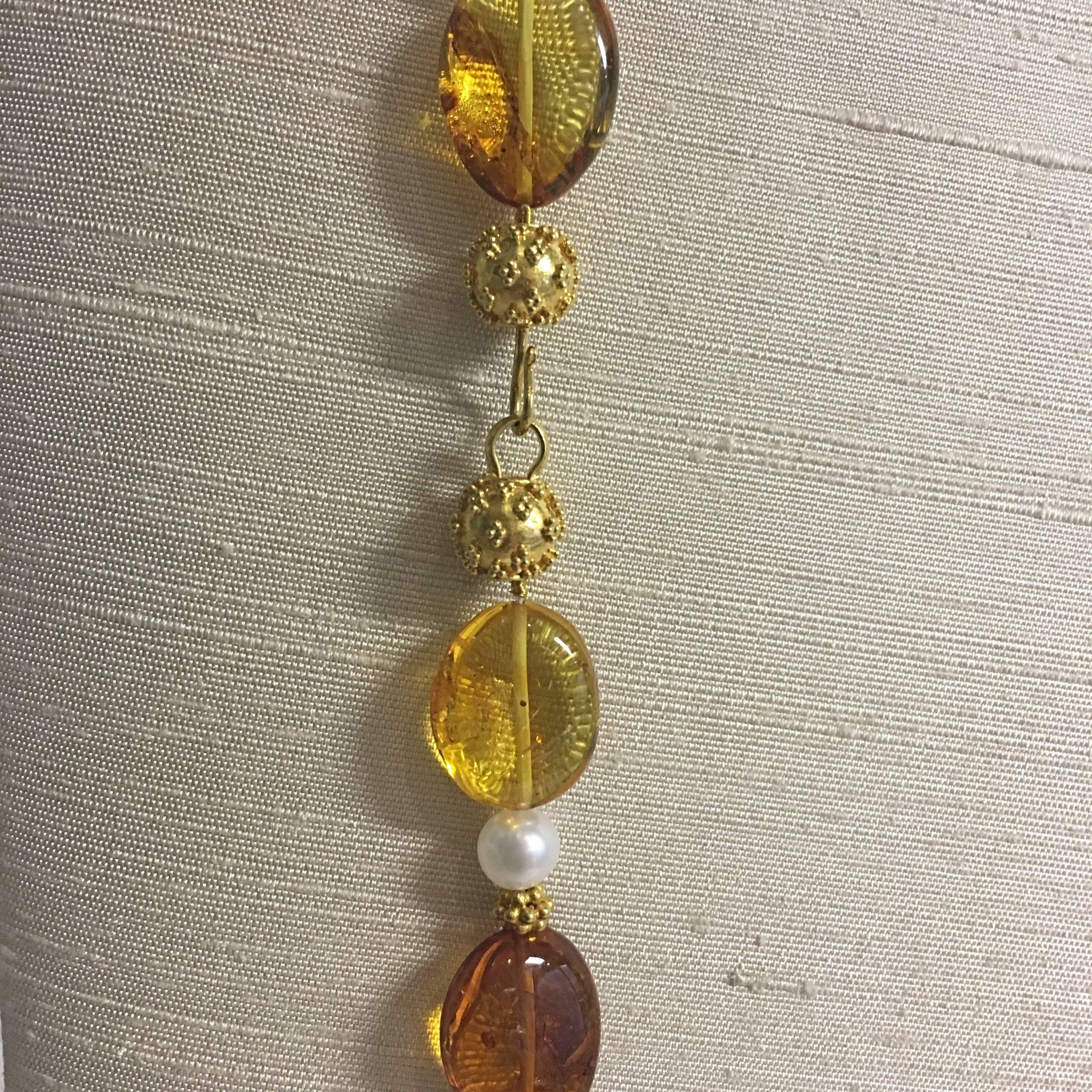 Baltic Amber Necklace with 18K Granulated Gold Beads & Clasp, Freshwater Pearls In New Condition In Central, HK