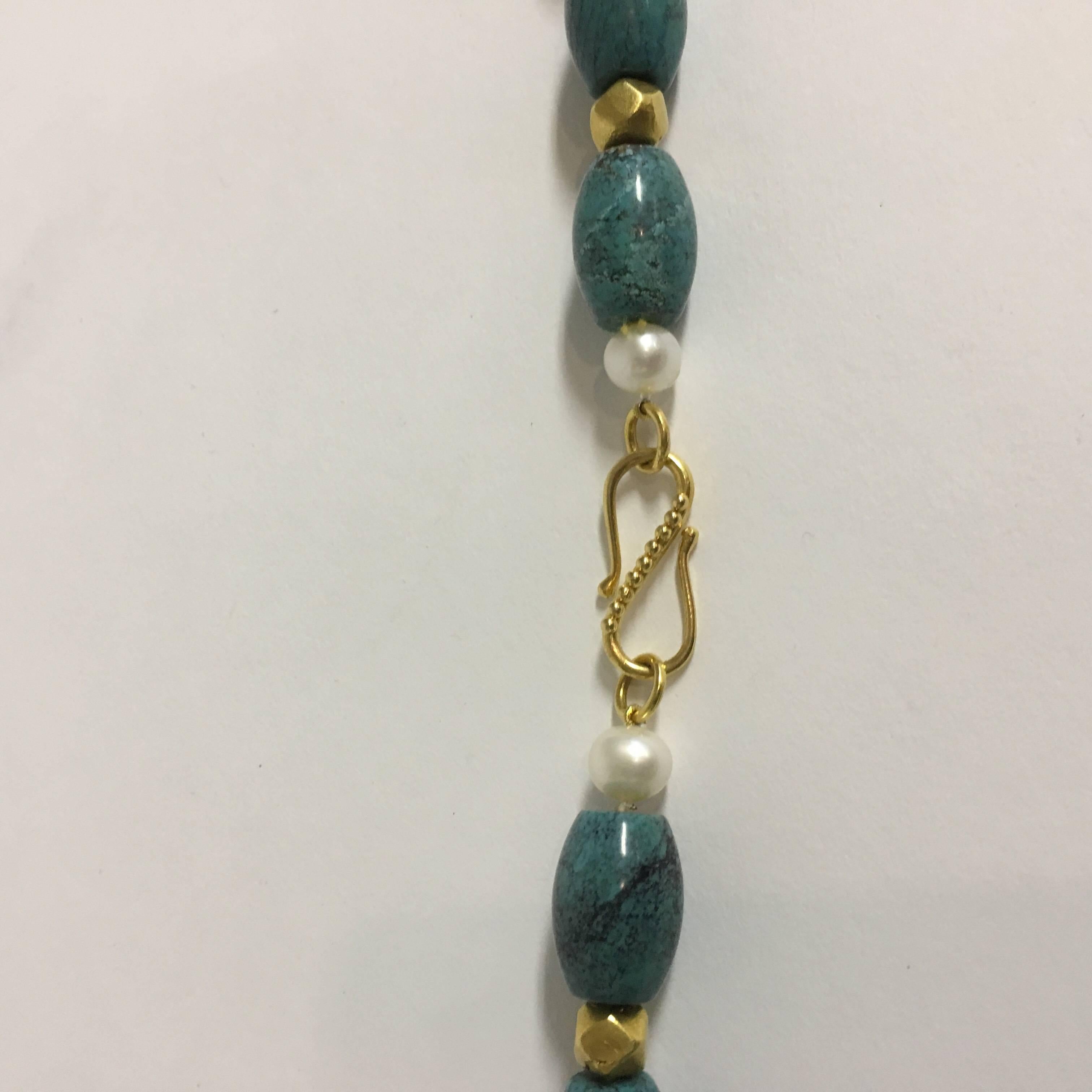 Contemporary Necklace Tibetan Turquoise, Freshwater Pearls, Seed Pearl & 18 Karat Gold Beads