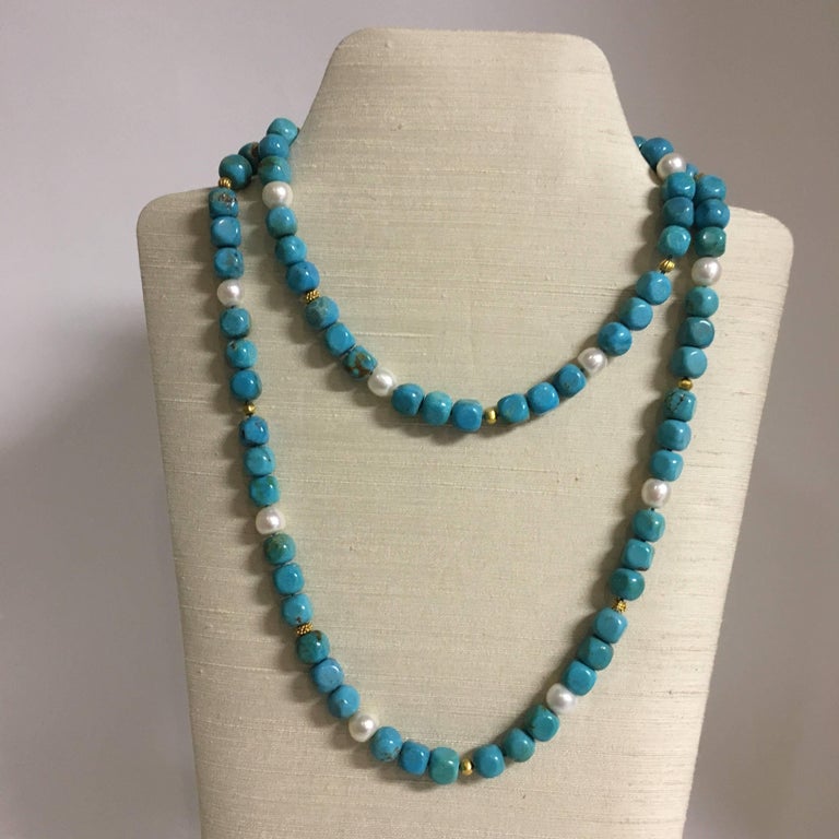 Turquoise Necklace with Freshwater Pearls and 18 Karat Gold Beads For ...