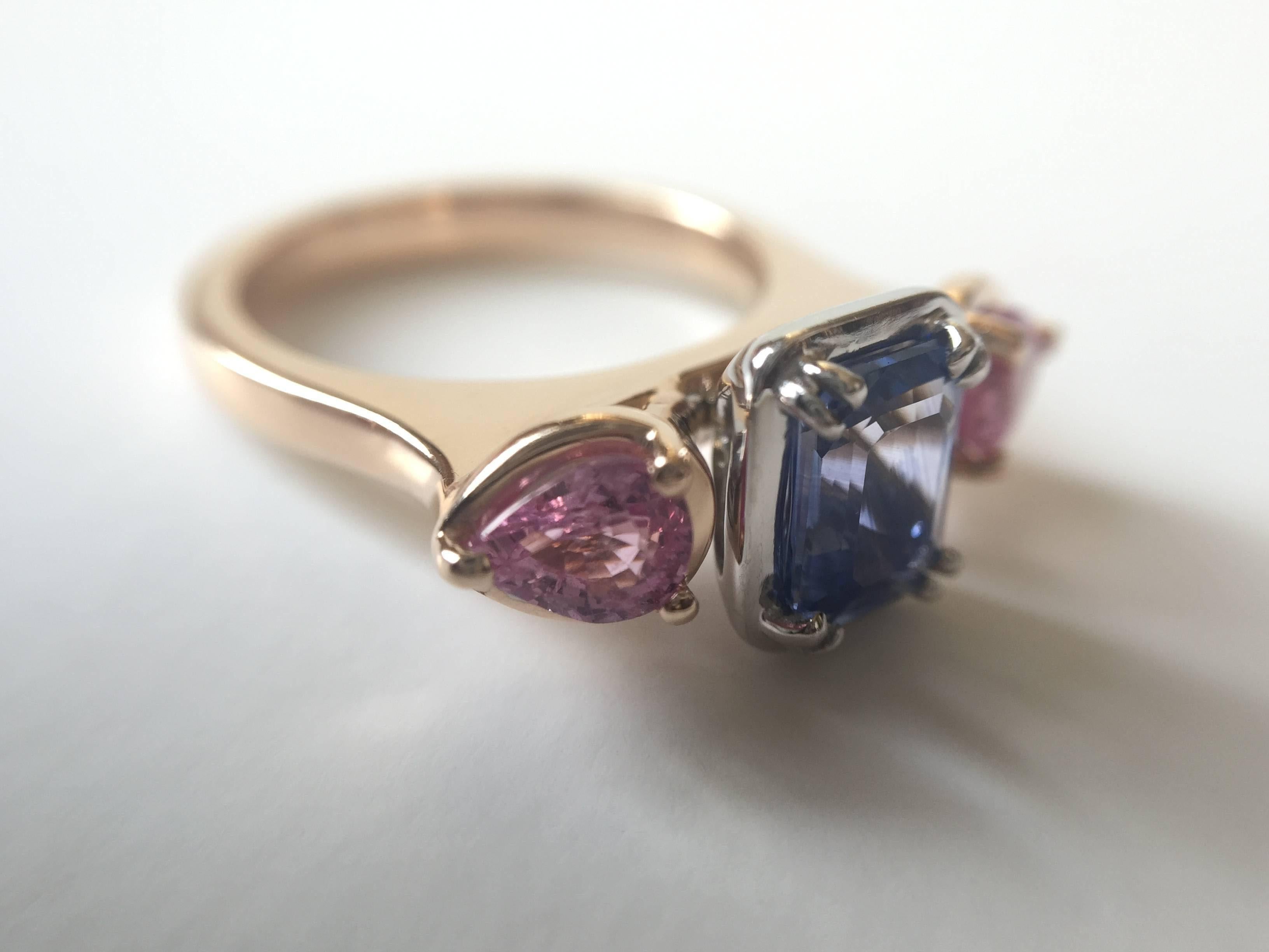The Celebration Ring

A Faith Jewels bespoke collection ring handcrafted in 9ct rose gold featuring architectural accents of structure and geometry in bezel claw settings used on the three handpicked sapphires in blue and pink.

US Size 5.5 or UK