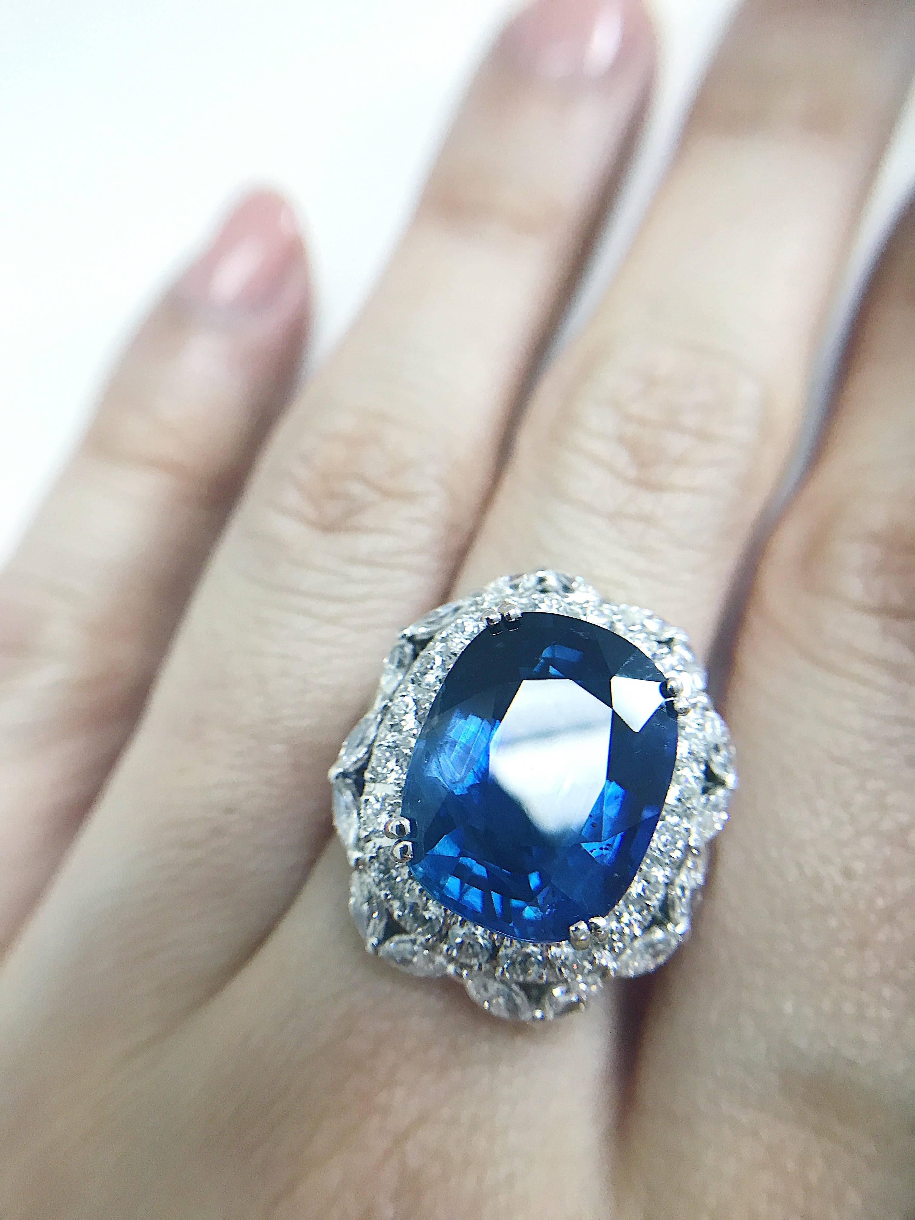 14.13 Carat Unheated Burmese Natural Blue Sapphire Diamond Ring For Sale 1