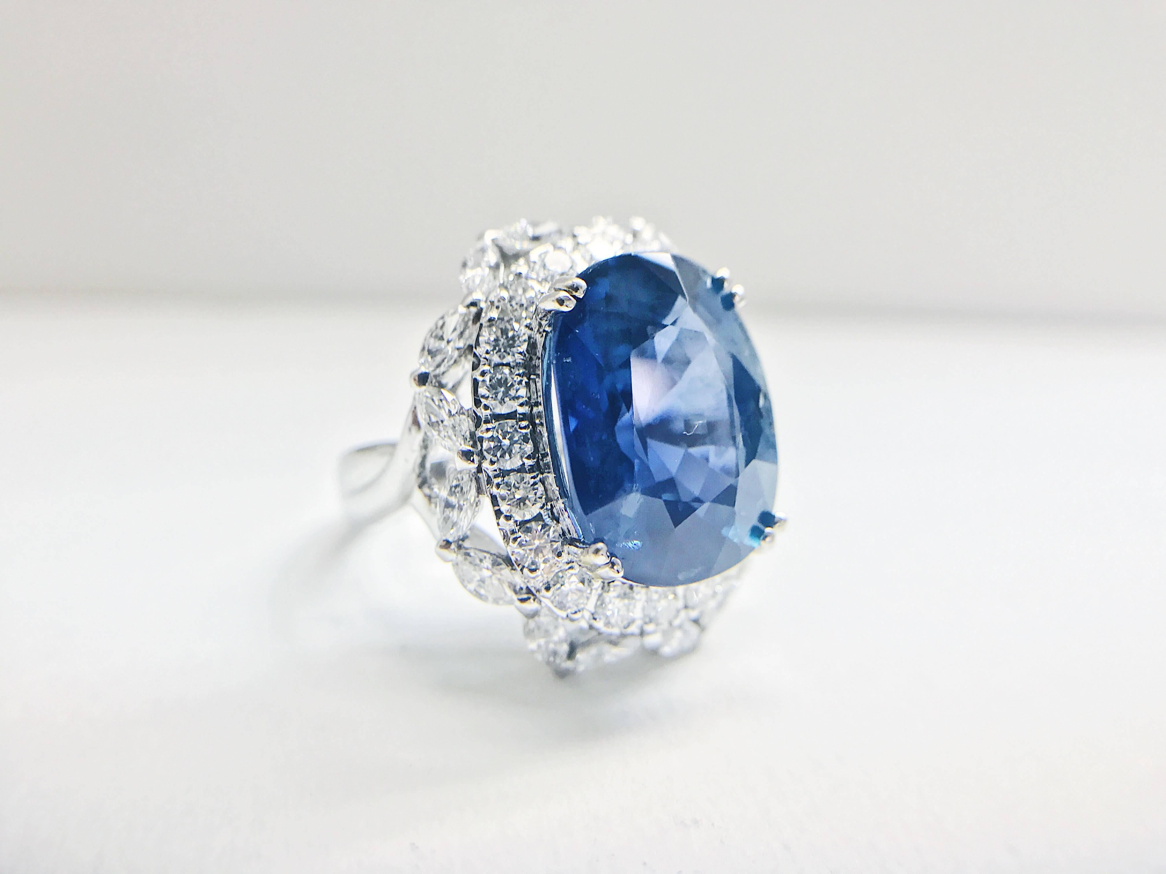 14.13 Carat Unheated Burmese Natural Blue Sapphire Diamond Ring In New Condition For Sale In Canterbury, AU