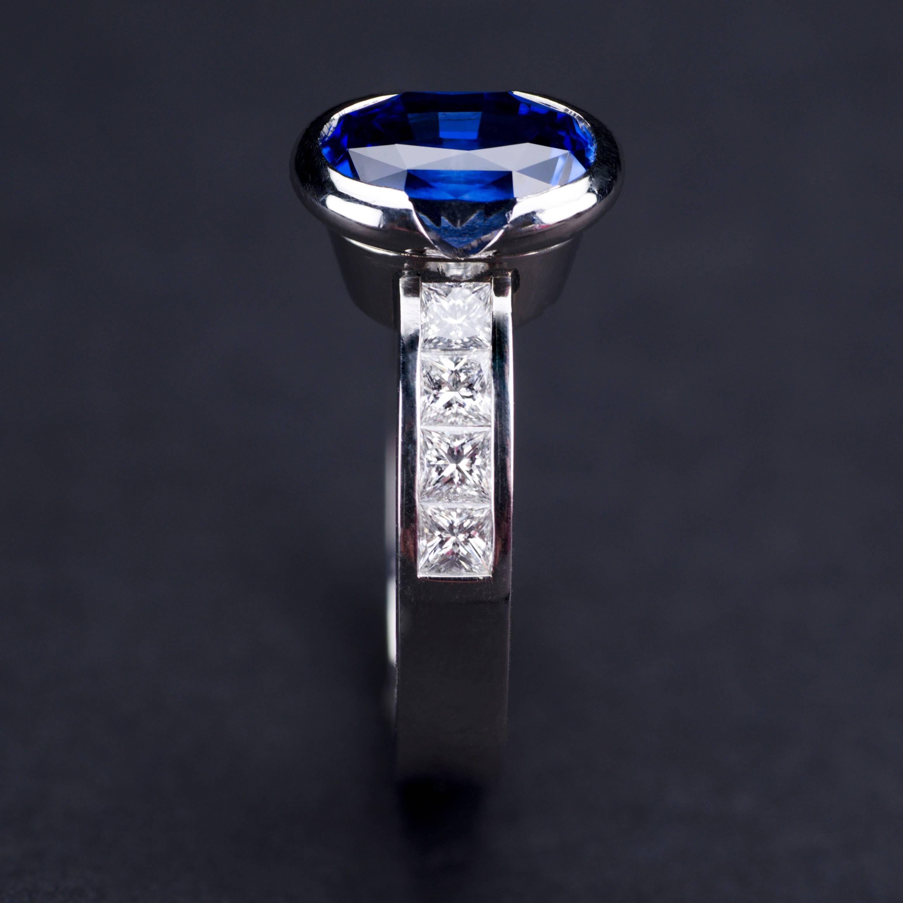 Oval Cut Platinum Blue Sapphire Princess Cut Diamonds Engagement Ring For Sale