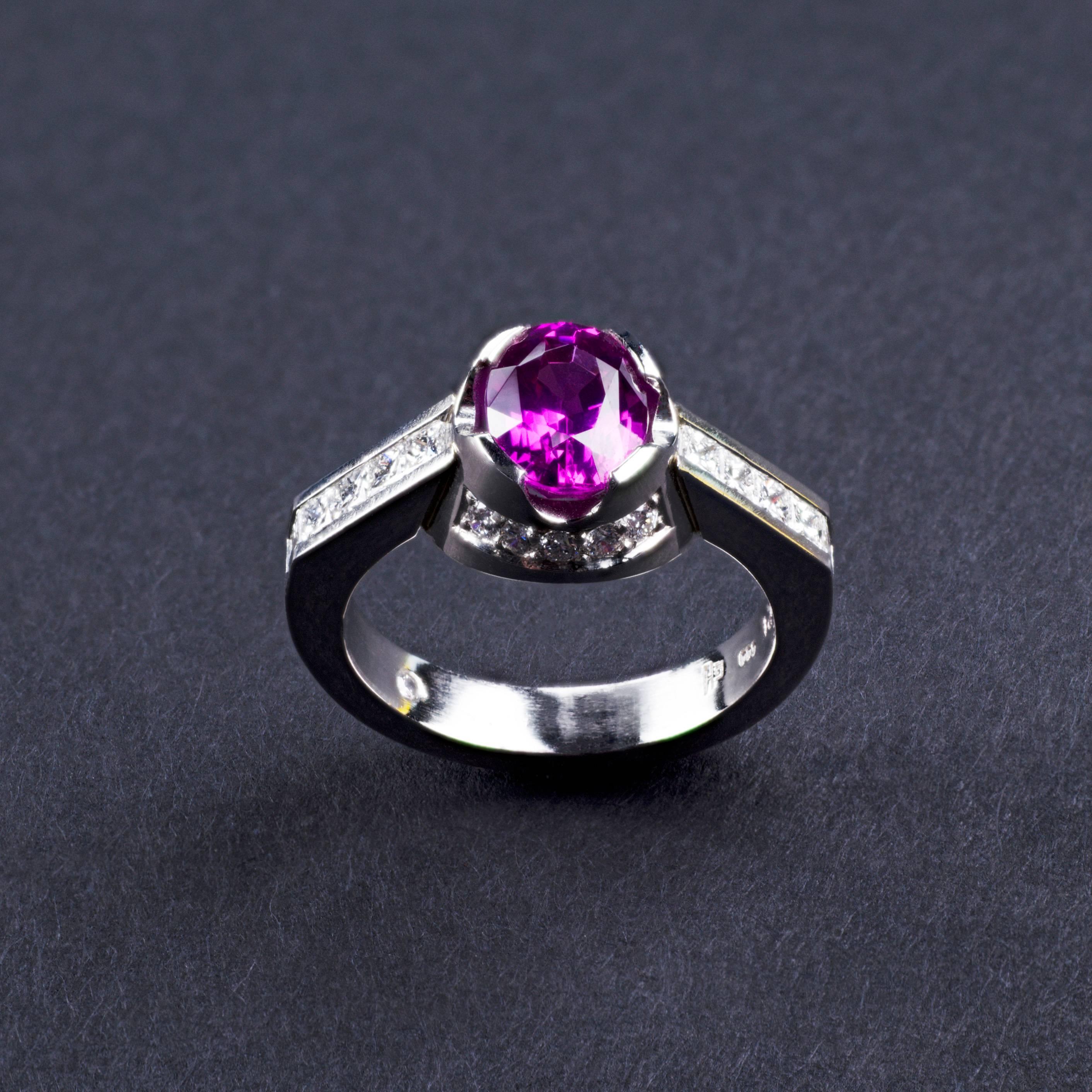 Contemporary Platinum and Pink Sapphire Diamond Engagement Ring For Sale