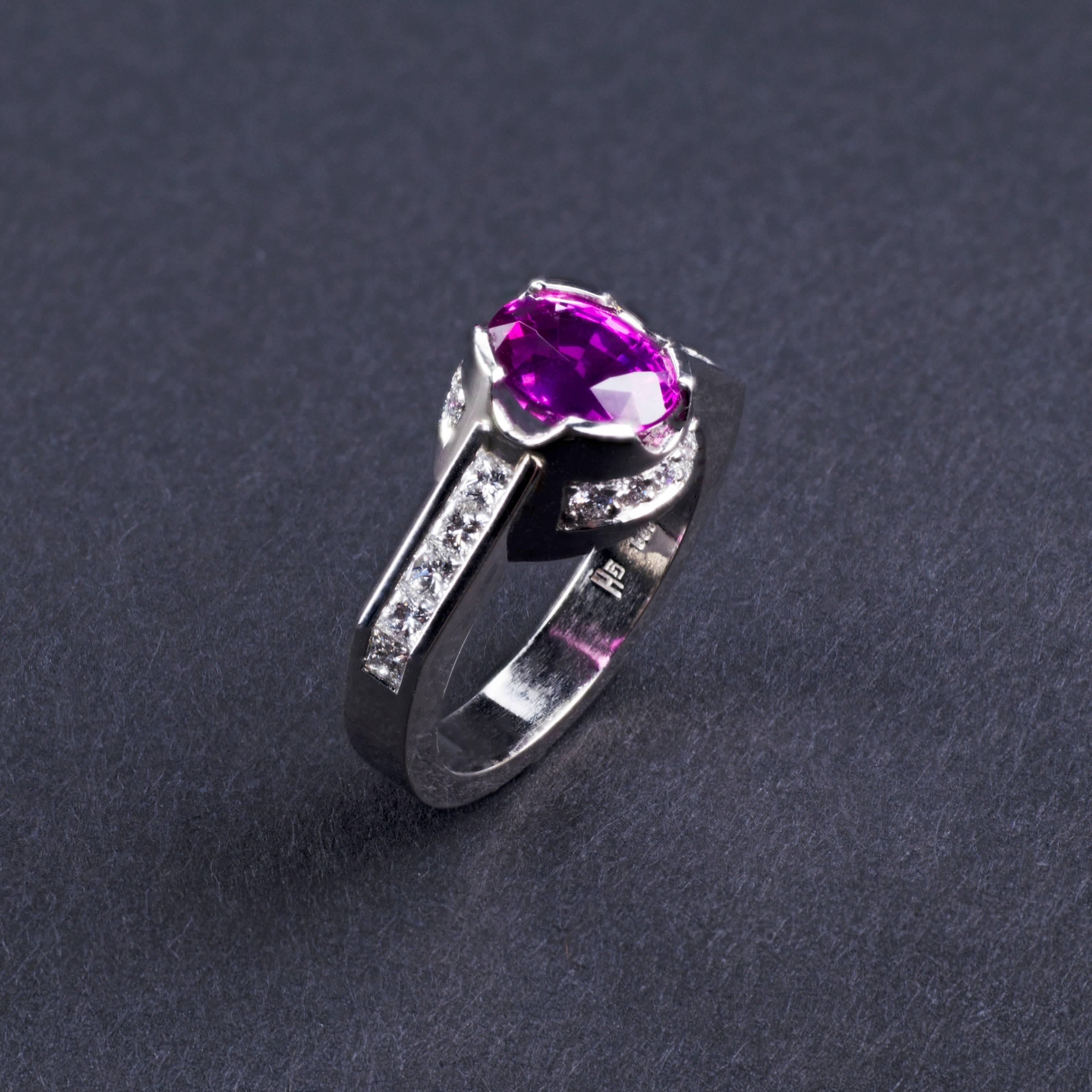 Oval Cut Platinum and Pink Sapphire Diamond Engagement Ring For Sale