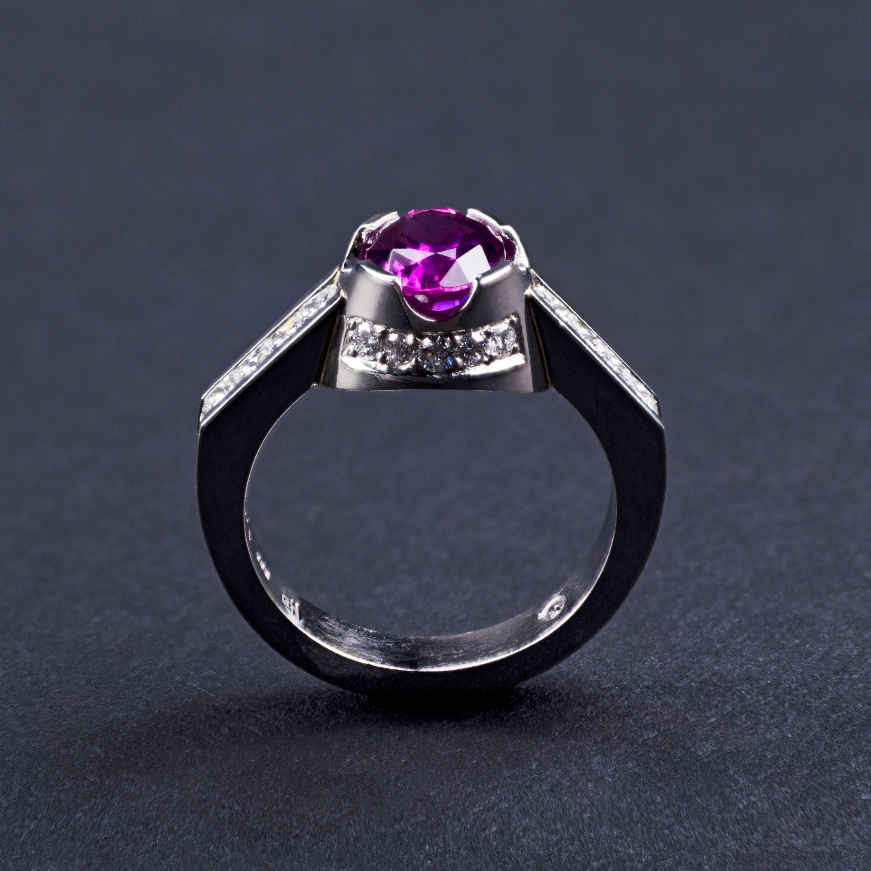 Platinum and Pink Sapphire Diamond Engagement Ring For Sale 1