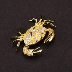 18 Carat Yellow Gold Crab Brooch Lapel Pin with Diamonds and Ruby Eyes
