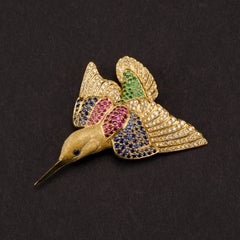18 Carat Gold Kingfisher Brooch with Sapphires, Rubies, Emeralds and Diamonds