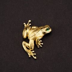 Yellow Gold Frog Brooch Lapel Pin with Diamond Toes and Tsavorite Eyes