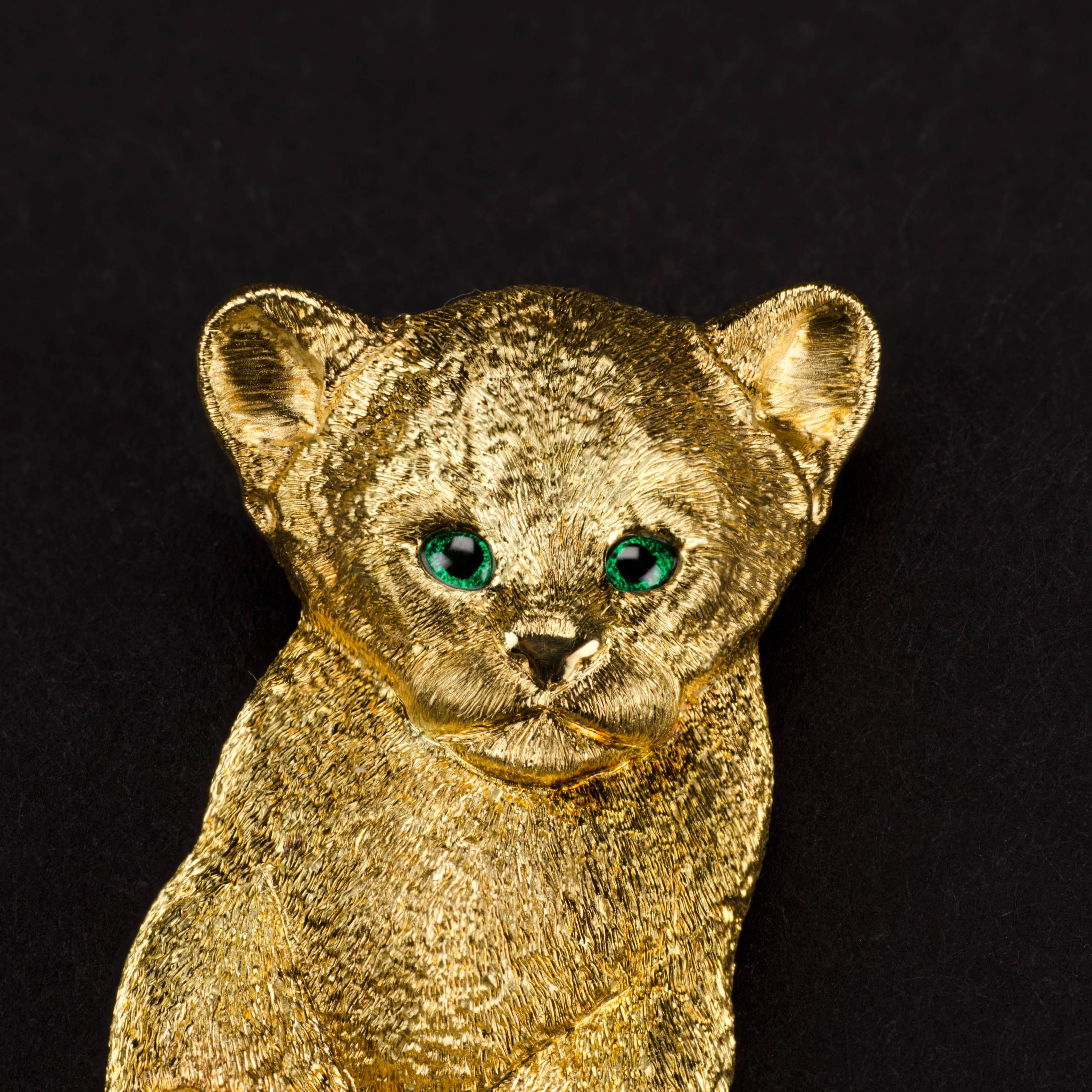 Contemporary 18 Carat Yellow Gold Lion Cub Brooch or Pendant with a Cushion of Rubies For Sale