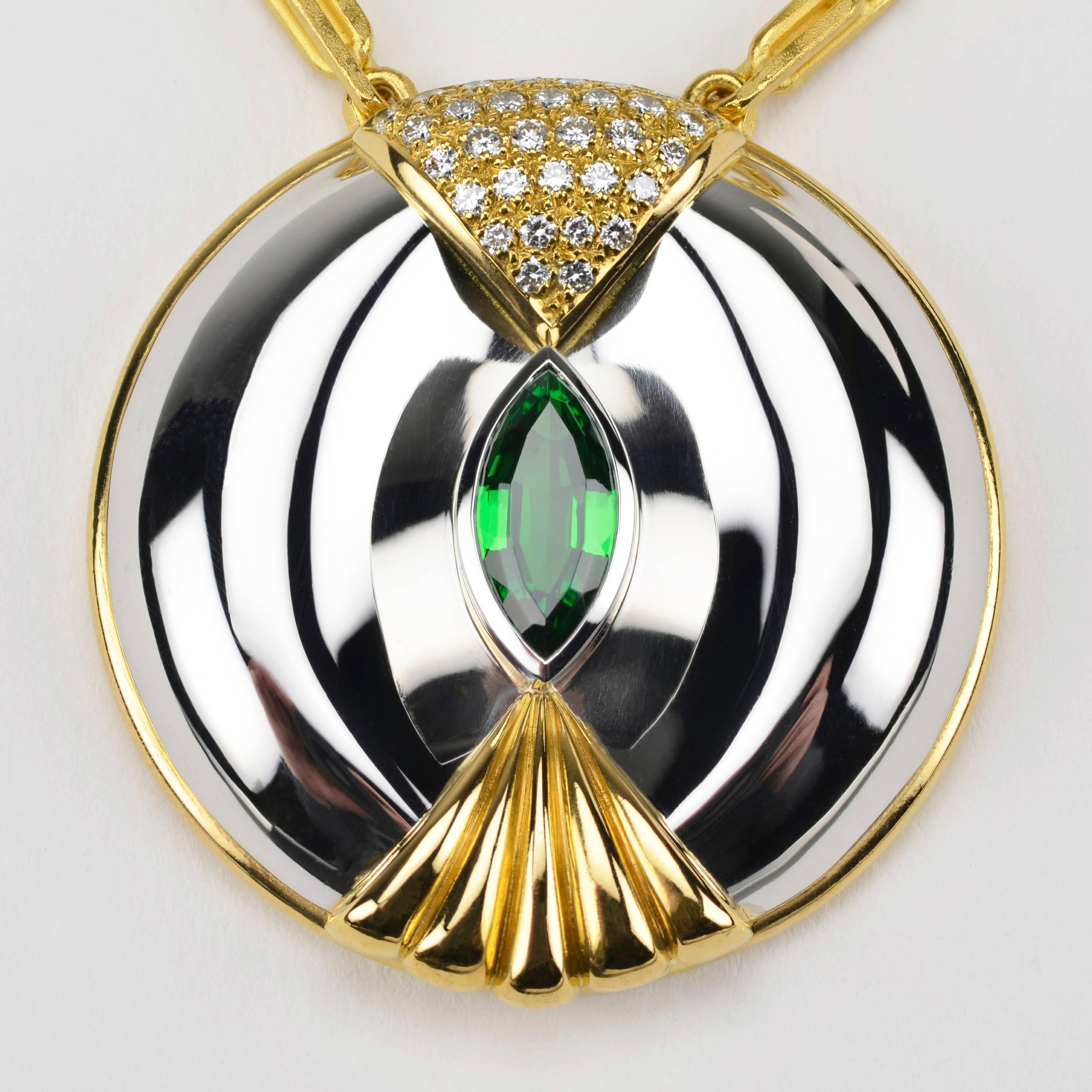 Modernist Inspired Kenyan Tsavorite Garnet Choker Necklace in Platinum and Gold In Excellent Condition For Sale In Idar-Oberstein, DE