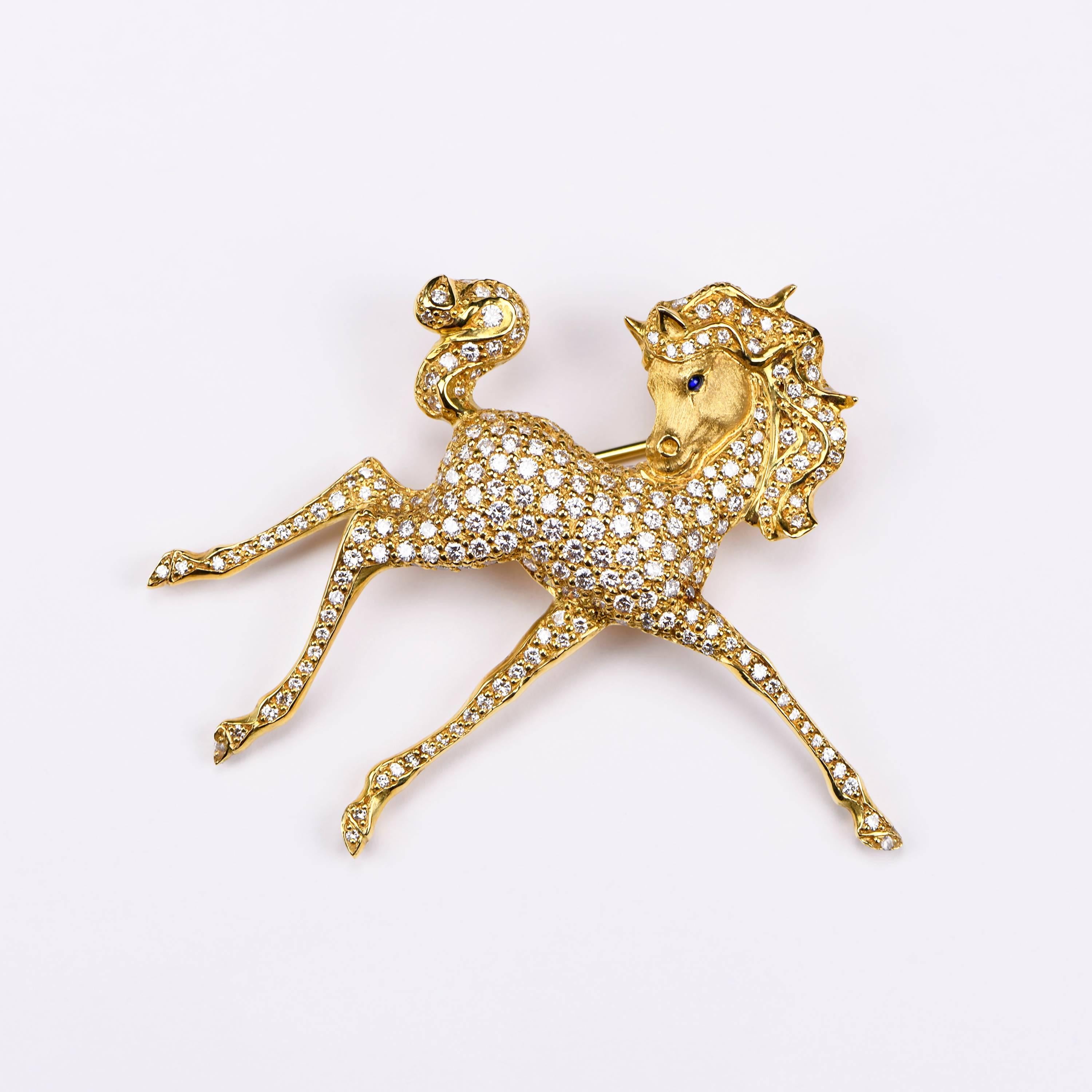 Full of playful charm and eminently precious, this finely sculpted 18ct skipping foal brooch is an exclusive Henn design collaboration with master gemstone carver Alfred Zimmermann who is world-renowned for his superlative nature inspired