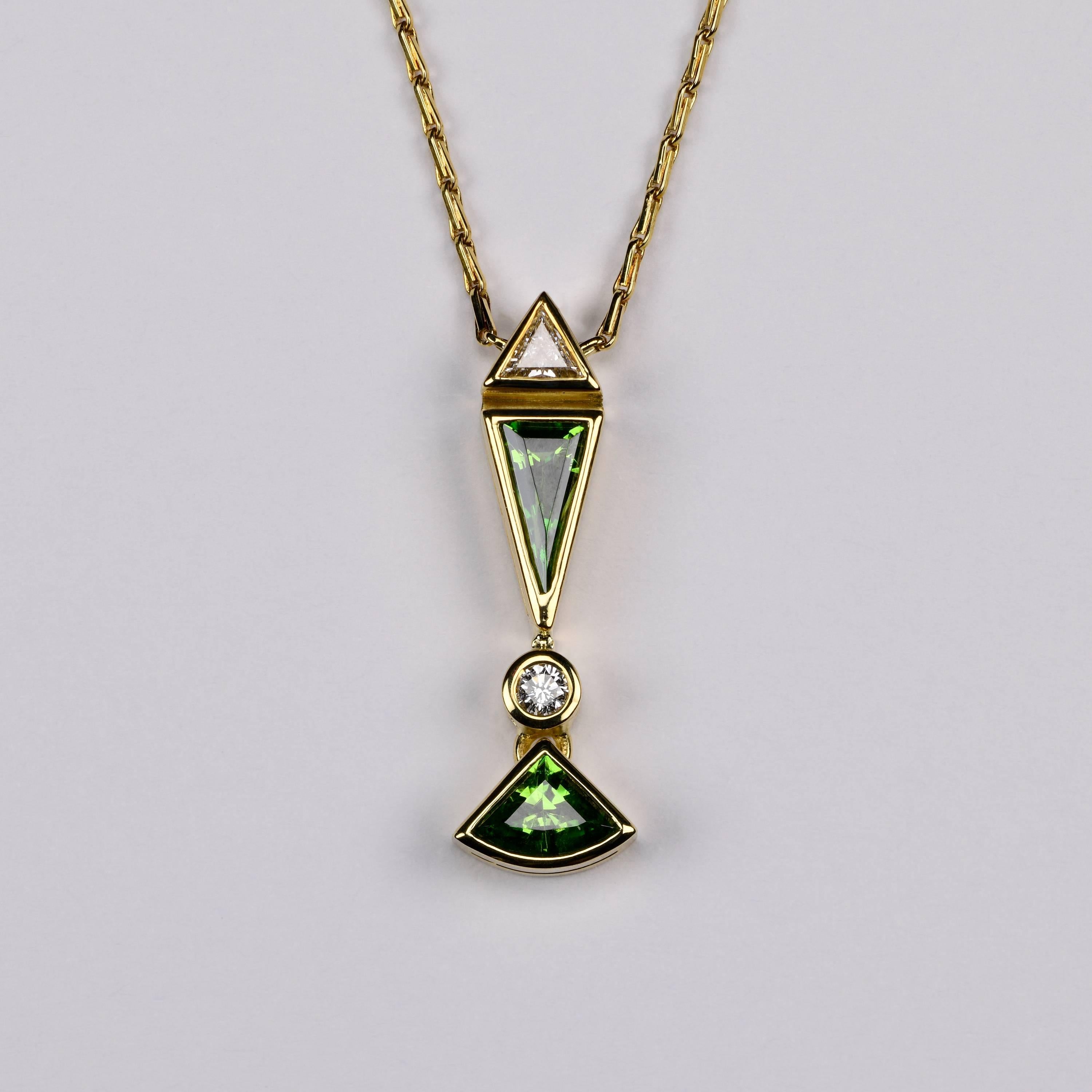 Trillion Cut Demantoid Garnet 18 Carat Gold Diamonds Pendant Necklace  For Sale