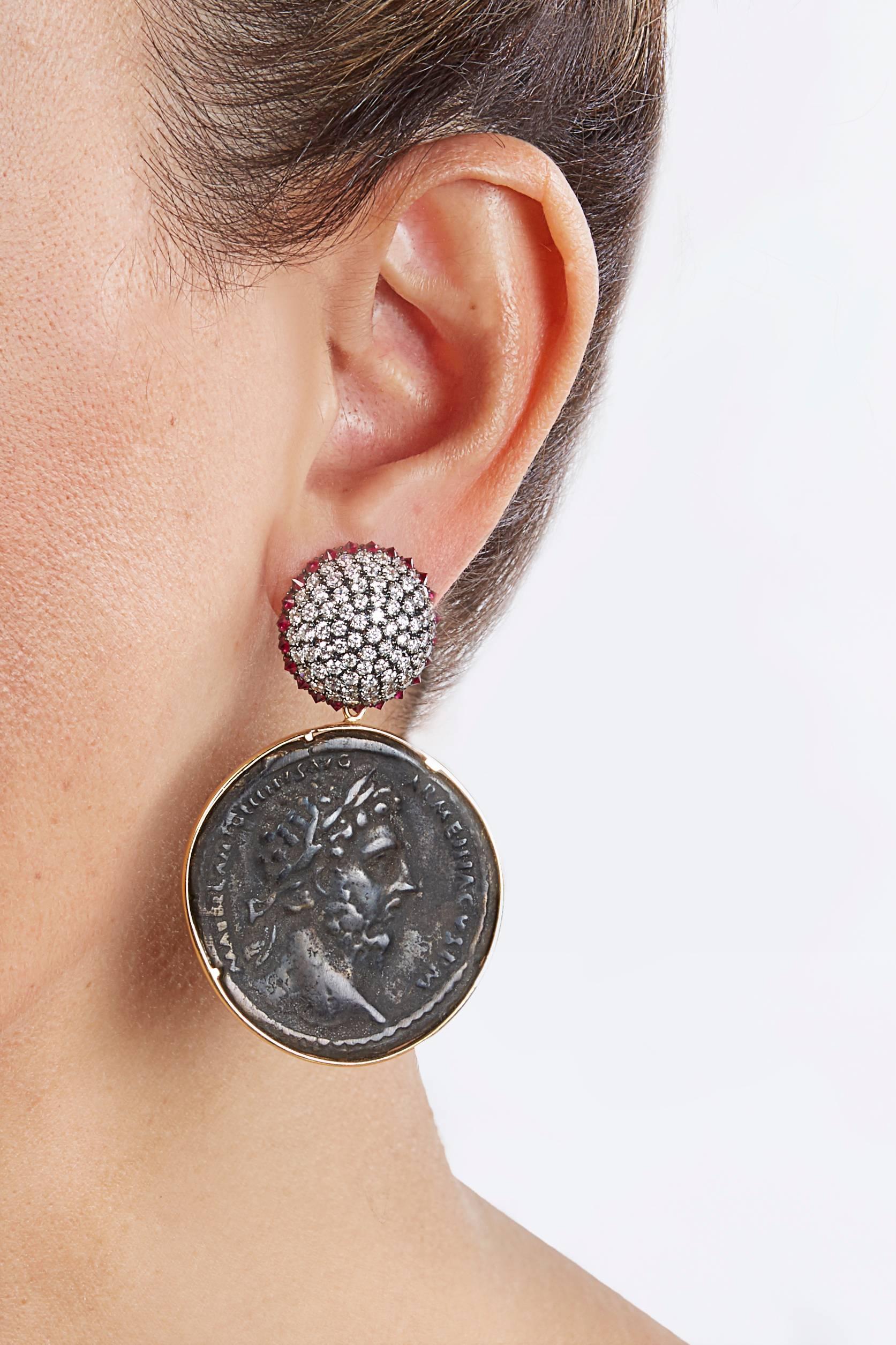 SAM.SAAB Roman Coin and White Diamond Yellow Gold Earrings For Sale 1