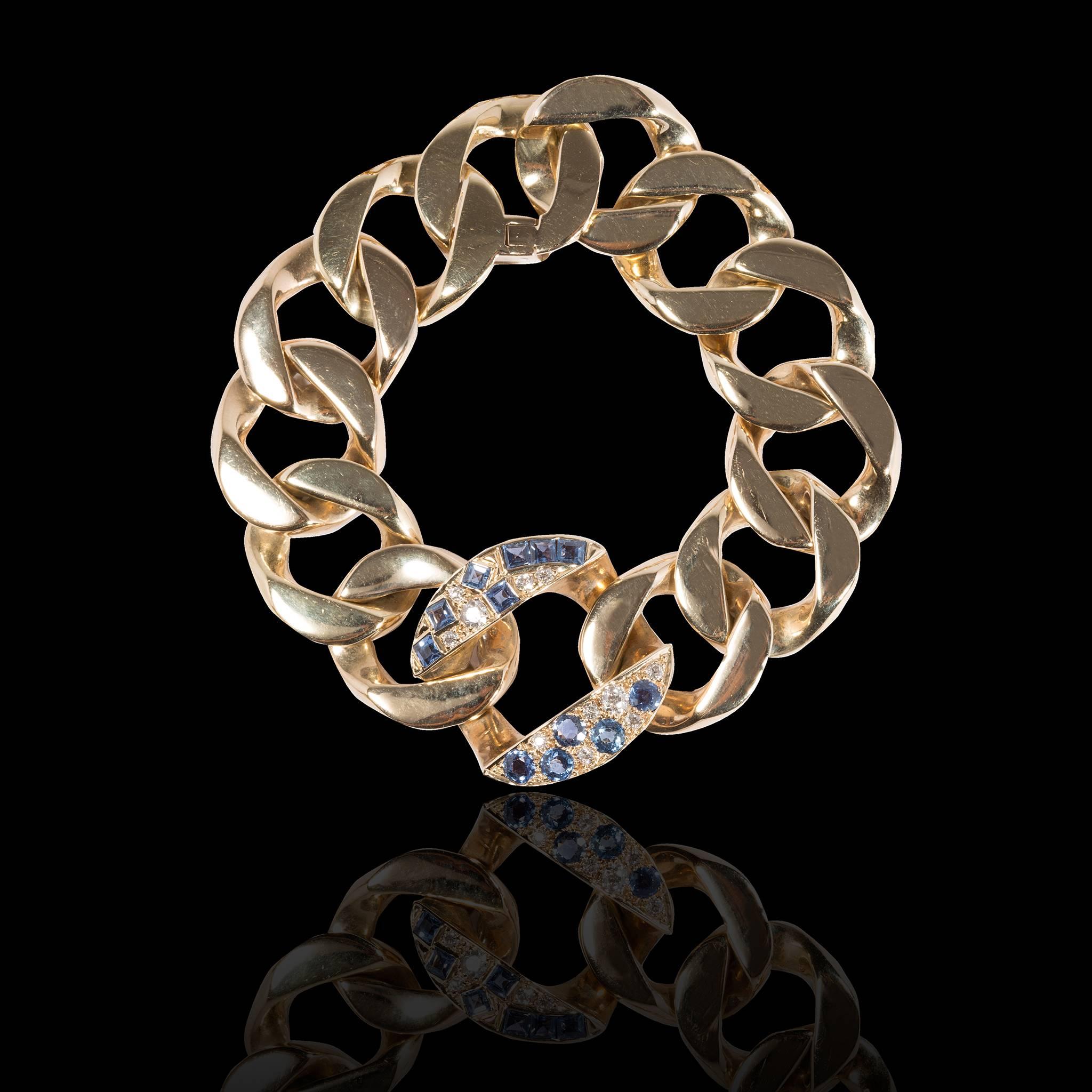 Seaman Schepps (american's jeweler  since 1931)1940s bracelet : 
11 diamonds, 12 sapphires on 18 carats yellow gold.
Diamonds:11 old-mine cut diamonds. ap:.40
Sapphires :12 sapphires :7 square-cut sapphires ,5 round-cut sapphires